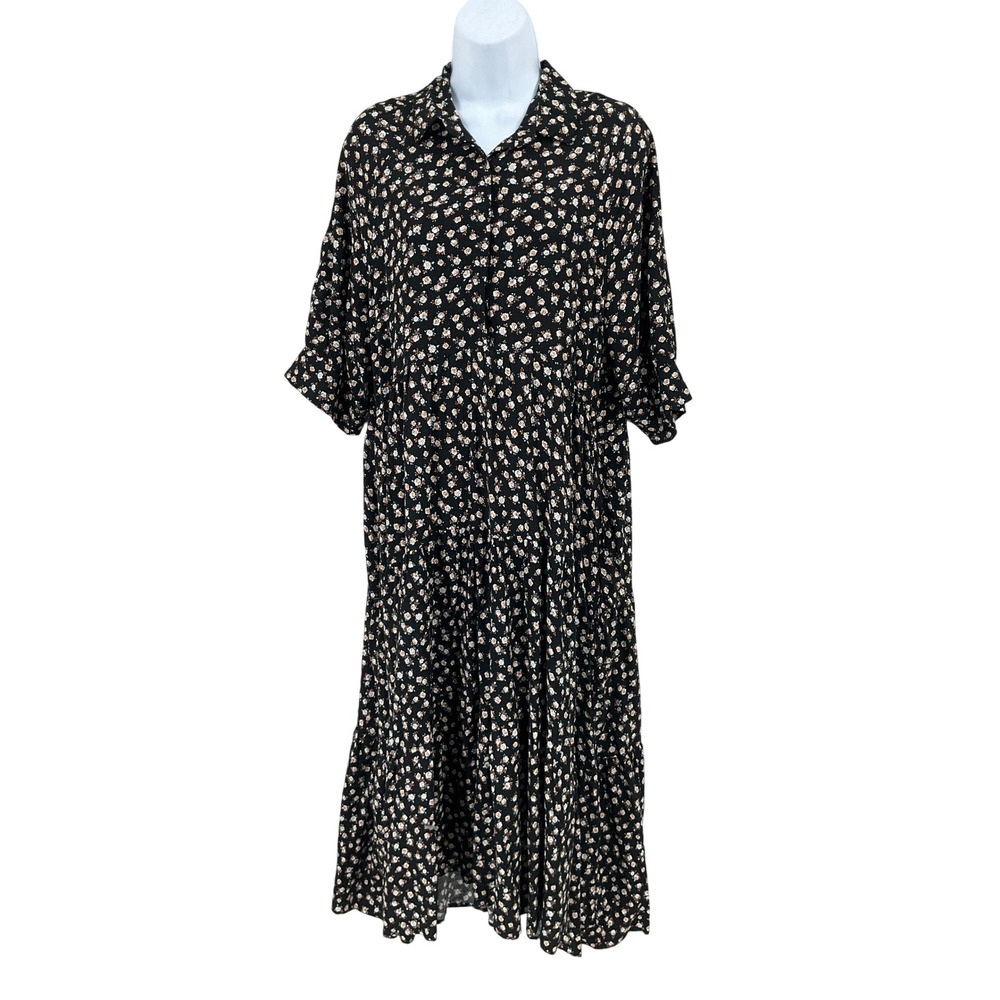 Natural Life Dress Women L Black Floral Tiered Midi Cottagecore Bohemian Flowy